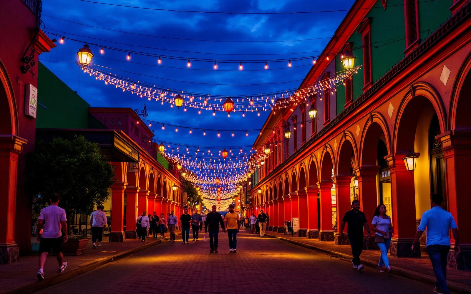 Portales iluminados del centro de Toluca al anochecer